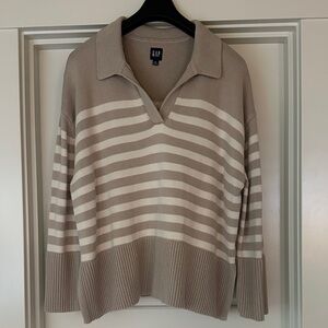 GAP Cream and Taupe Striped V‑Neck Polo Sweater